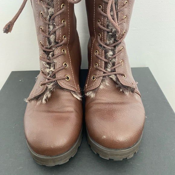 JustFab Brown Leather Combat Boots Fur Lined - Picture 3 of 7